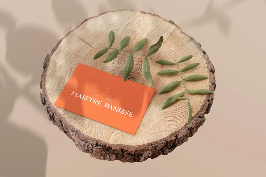 Maistre Panisse — Carte de visite orange sur bois
