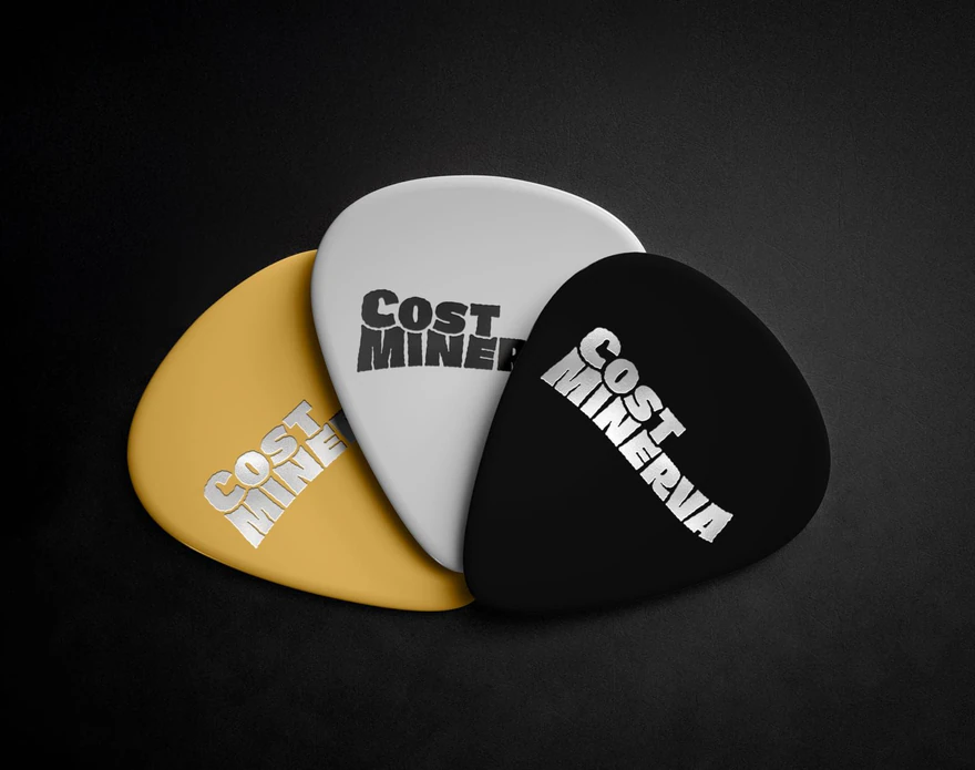 Cost Minerva — Médiators jaune, blanc et noir avec logo du groupe