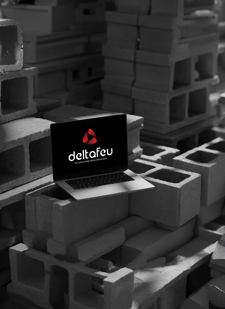 Deltafeu — Logo sur ordinateur noir en chantier, sans site