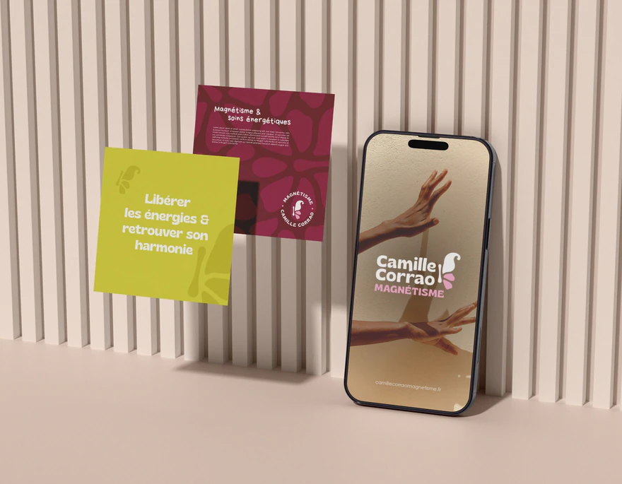 Camille Corrao Magnétisme — Composition téléphone et affiches rose, prune et citron