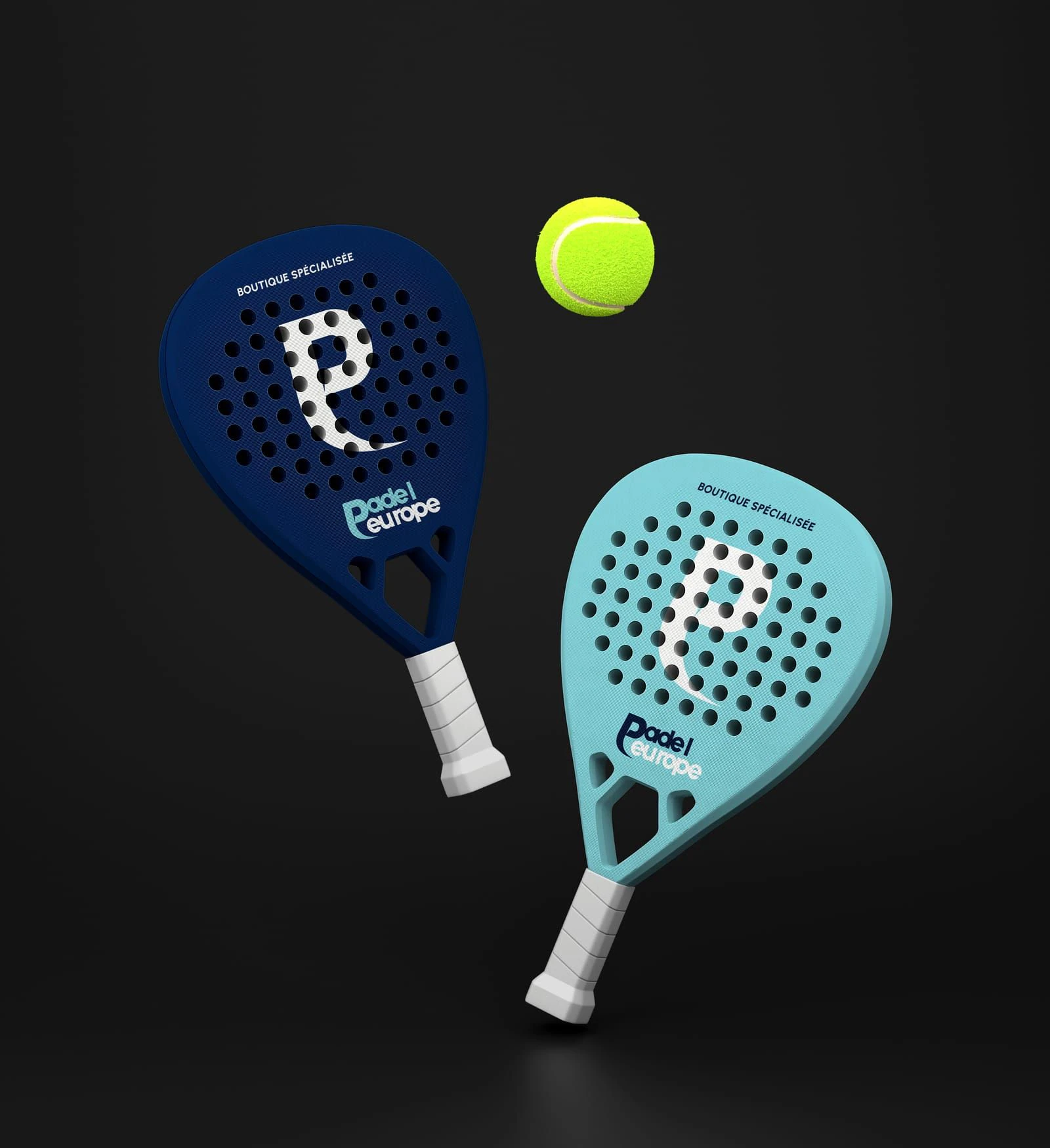 Padel Europe — Deux raquettes bleue et turquoise avec balle jaune