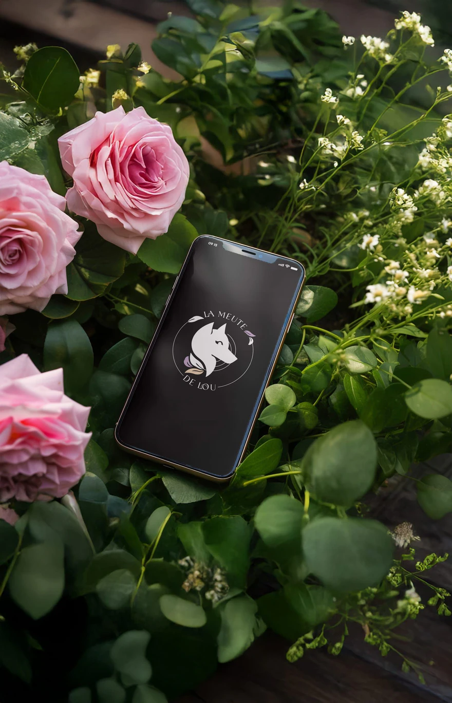 La Meute de Lou — Symbole loup blanc sur téléphone dans les rosiers