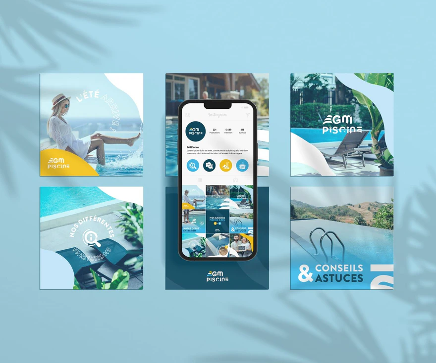 GM Piscine — Composition de publications et téléphone piscine