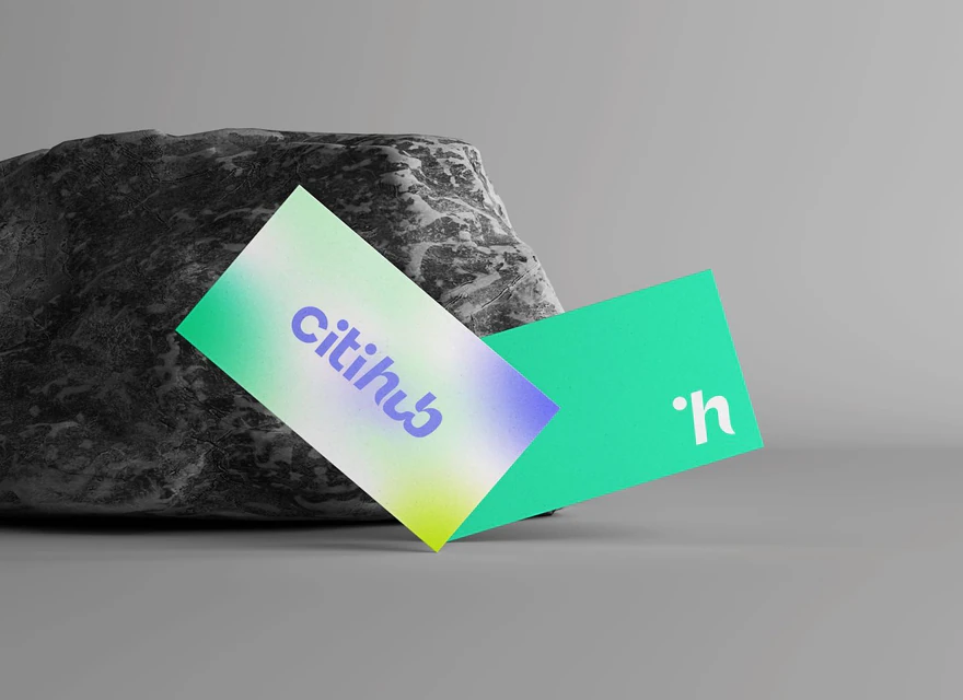 Citihub — Cartes de visite turquoise et dégradé lilas-citron