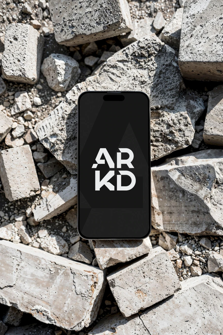 ARKD — Monogramme blanc sur téléphone et gravats