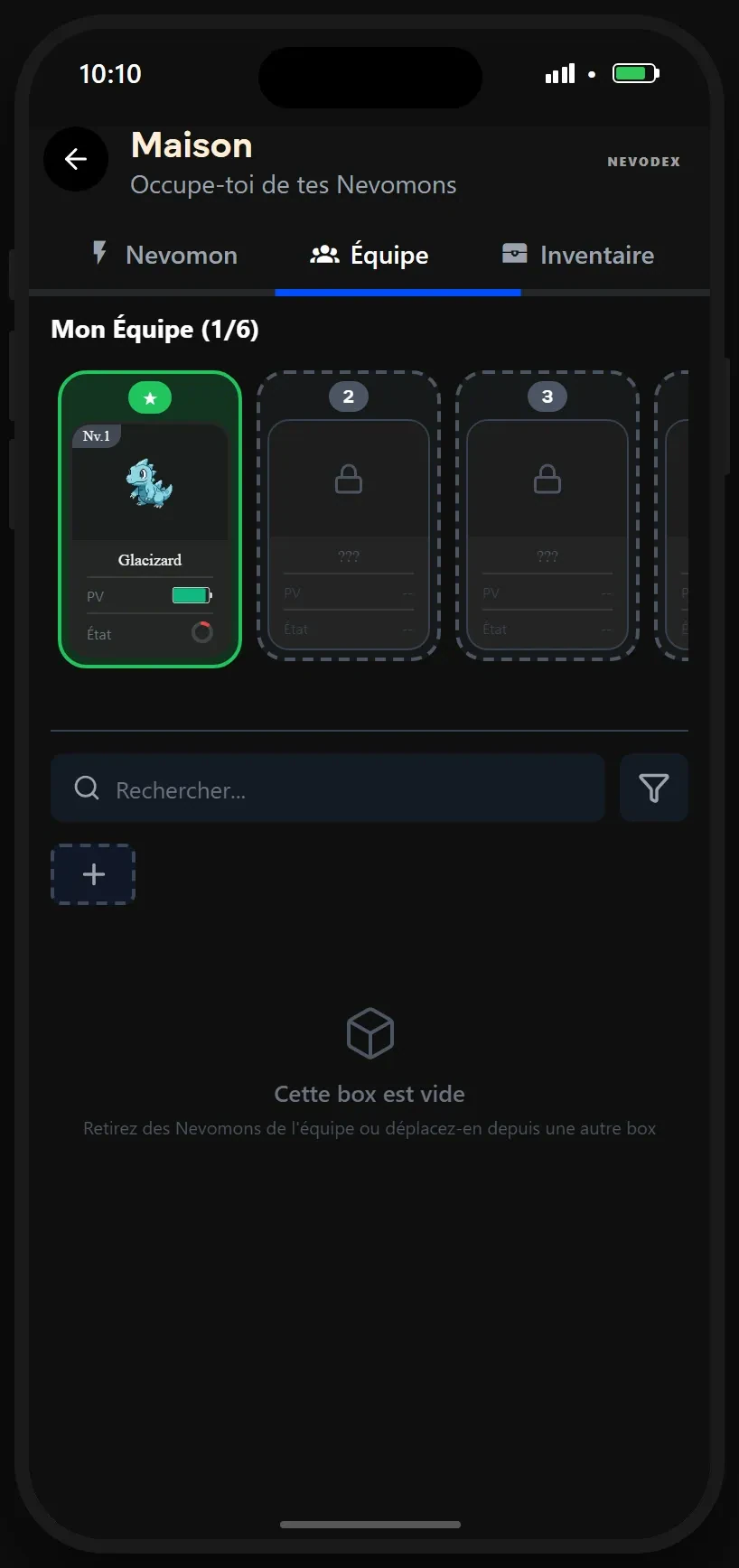 Équipe de Nevomons, composition active et emplacements à débloquer
