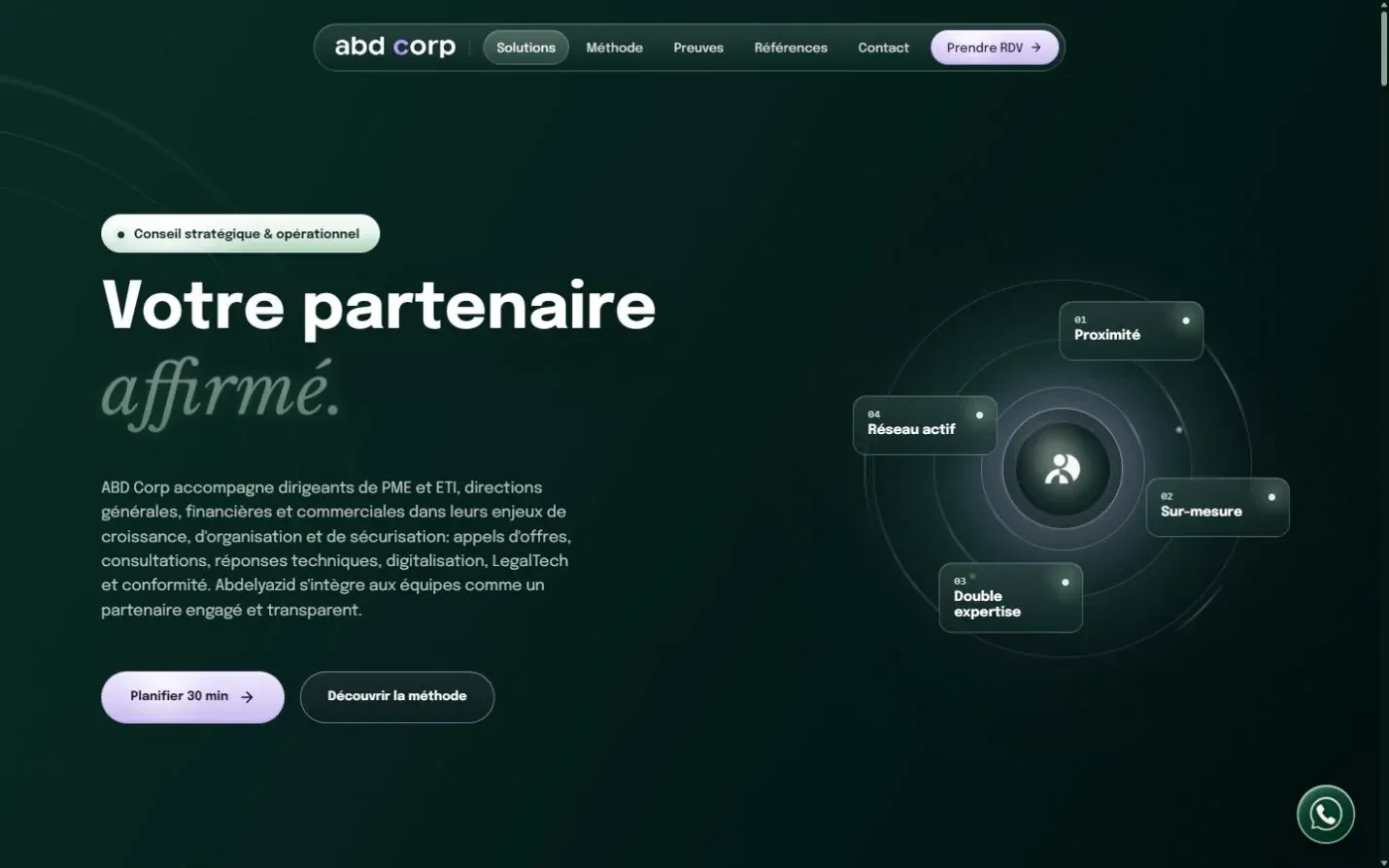 Page d’accueil : promesse « Votre partenaire affirmé » et quatre piliers d’accompagnement