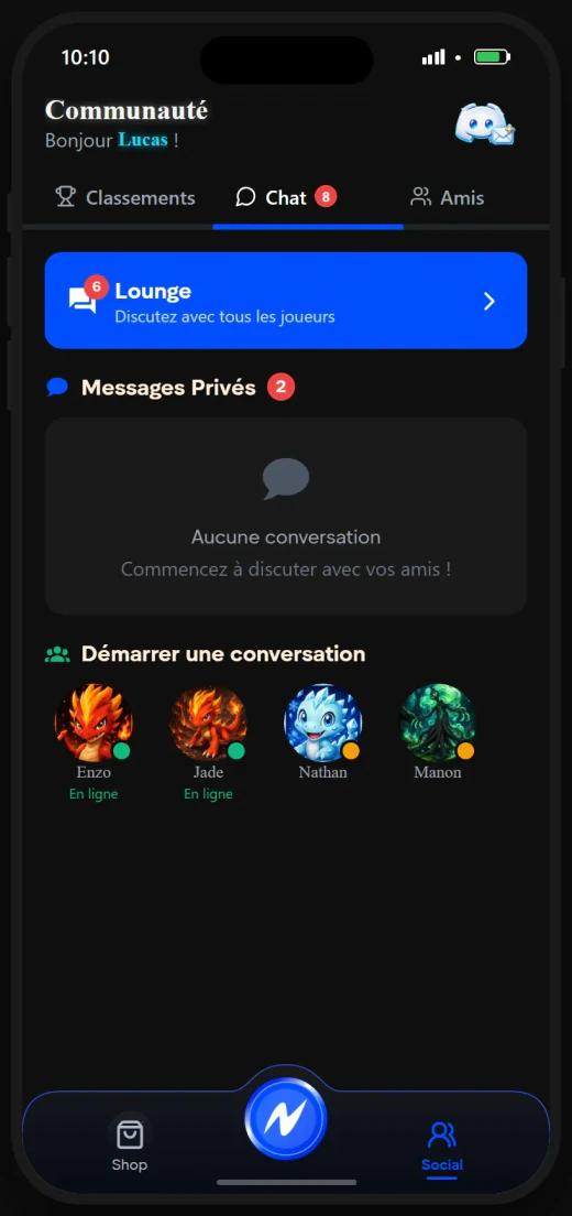 Espace communautaire avec lounge, messages privés et amis