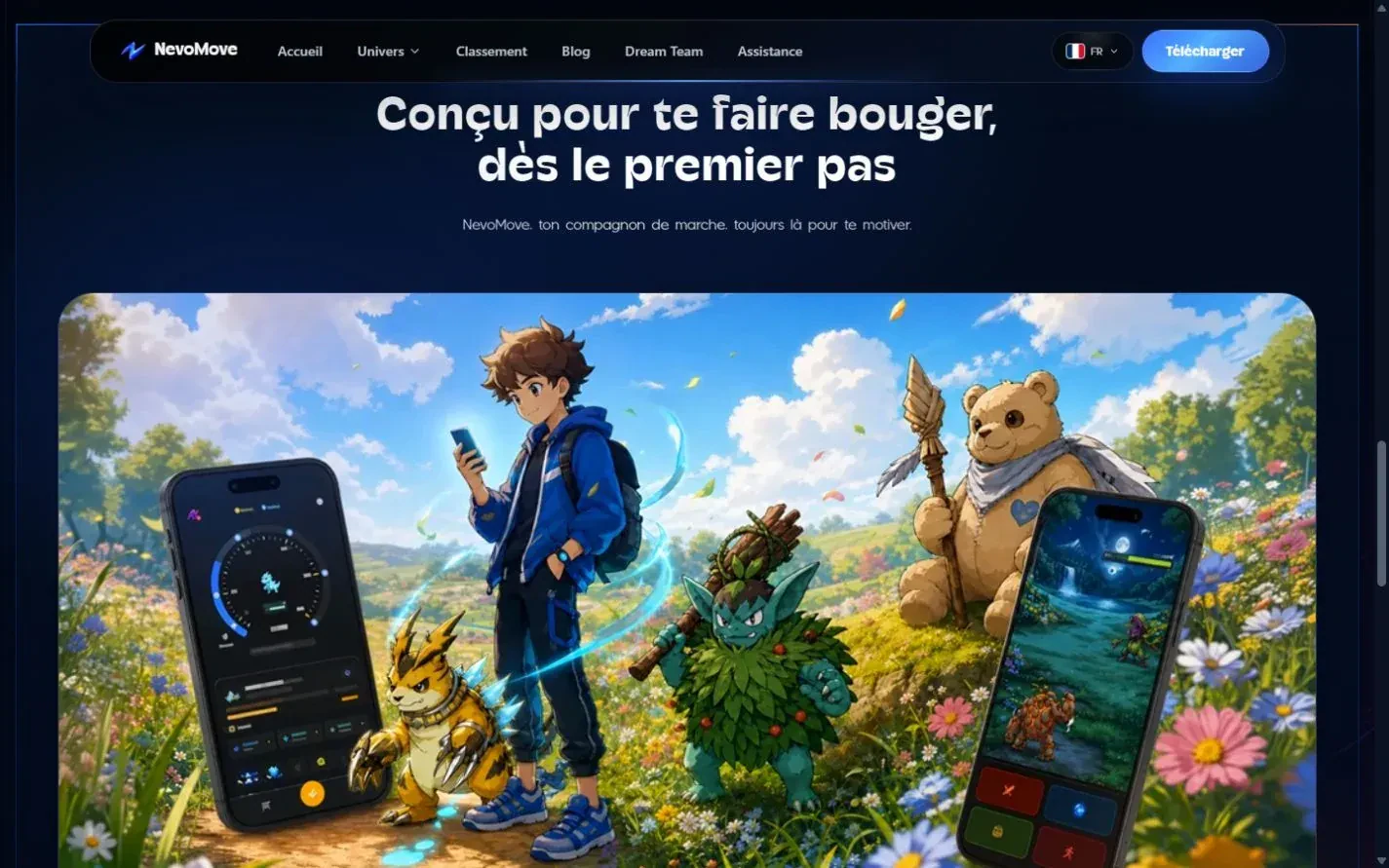 Concept du jeu : marche réelle, créatures et interfaces mobiles illustrées