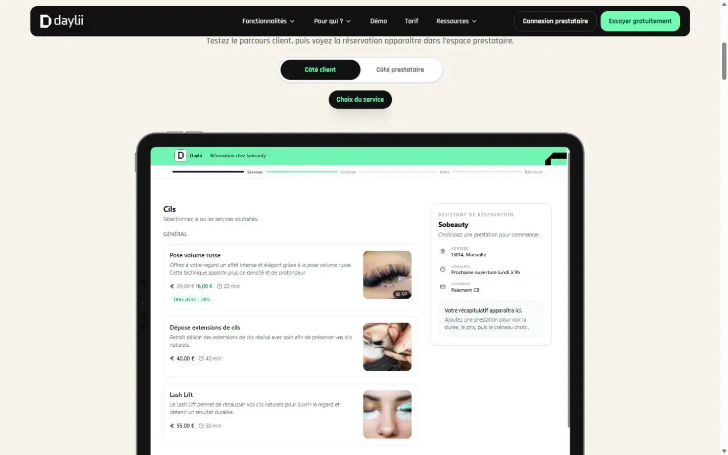 Parcours client : sélection de prestations et assistant de réservation Sobeauty