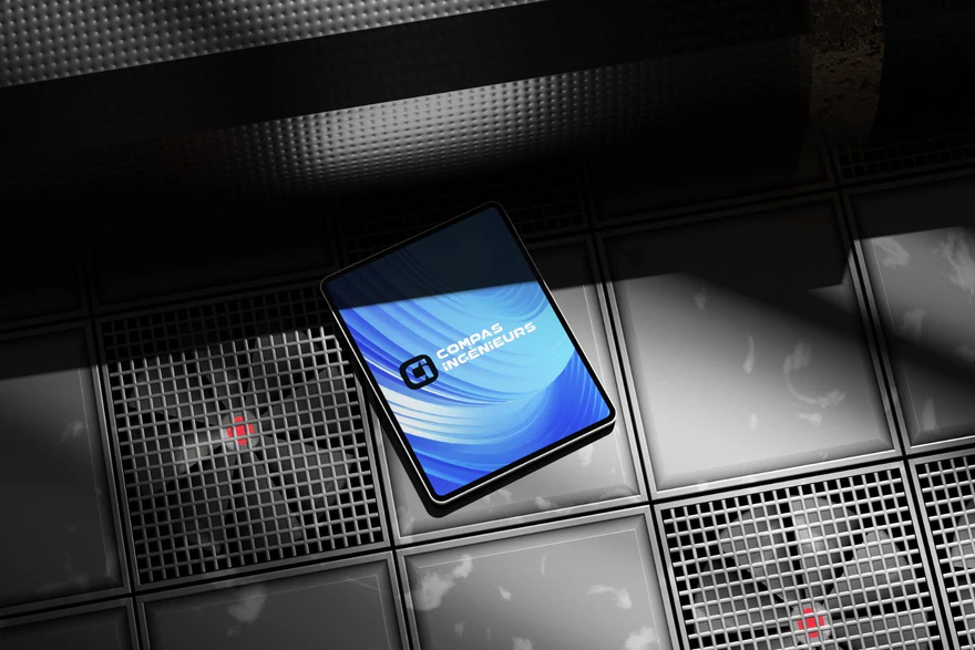 Compas Ingénieurs — Logo sur tablette bleue en décor métallique
