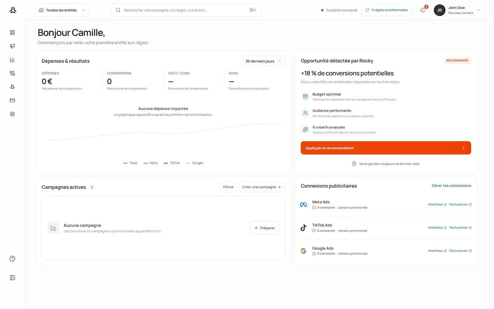 État d’accueil d’un nouvel espace avant sa première synchronisation
