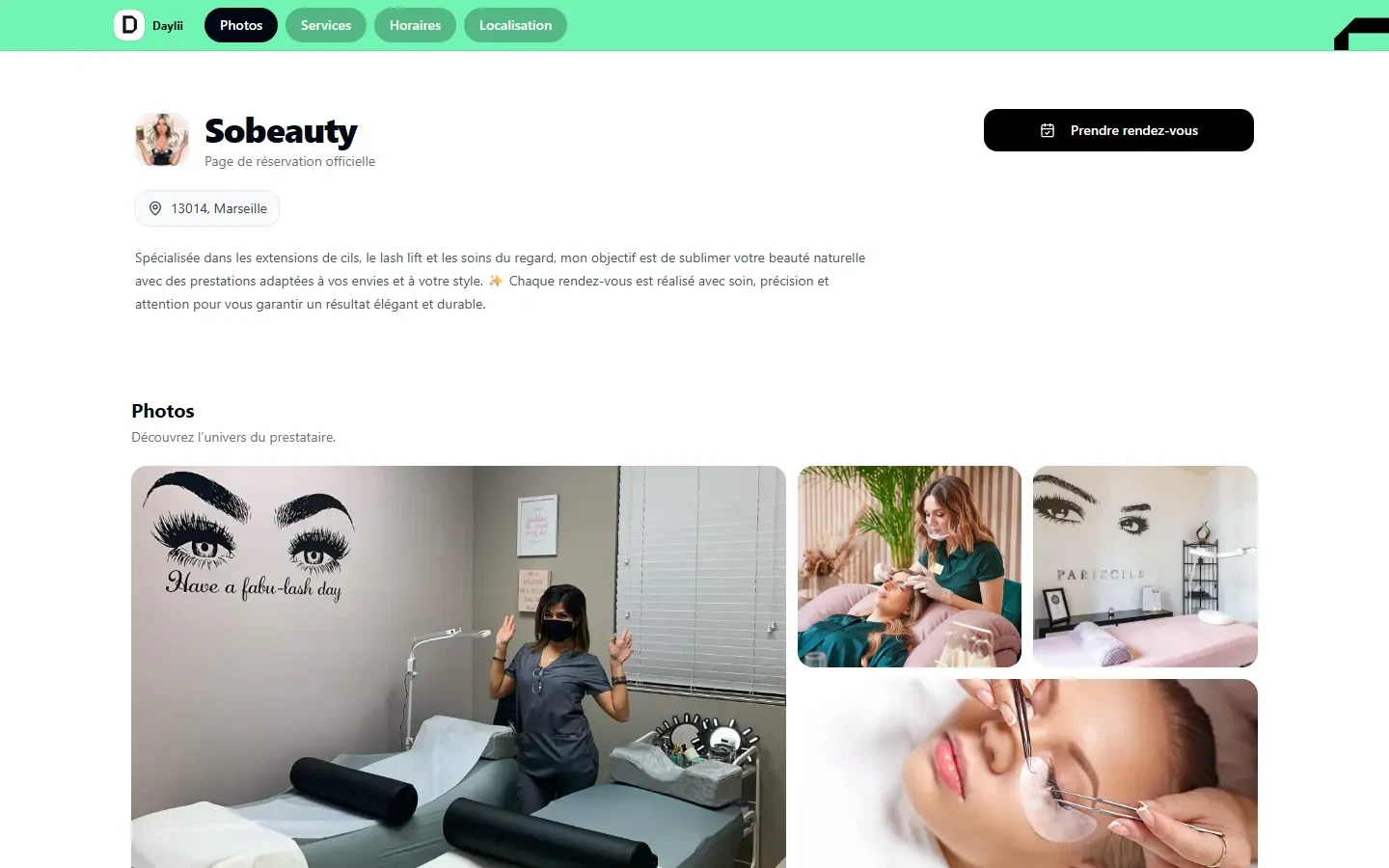 Page publique Sobeauty : univers du salon et accès à la prise de rendez-vous