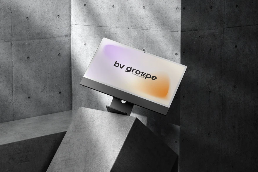 BV Groupe — Affiche murale sur béton, logo noir et dégradé orange