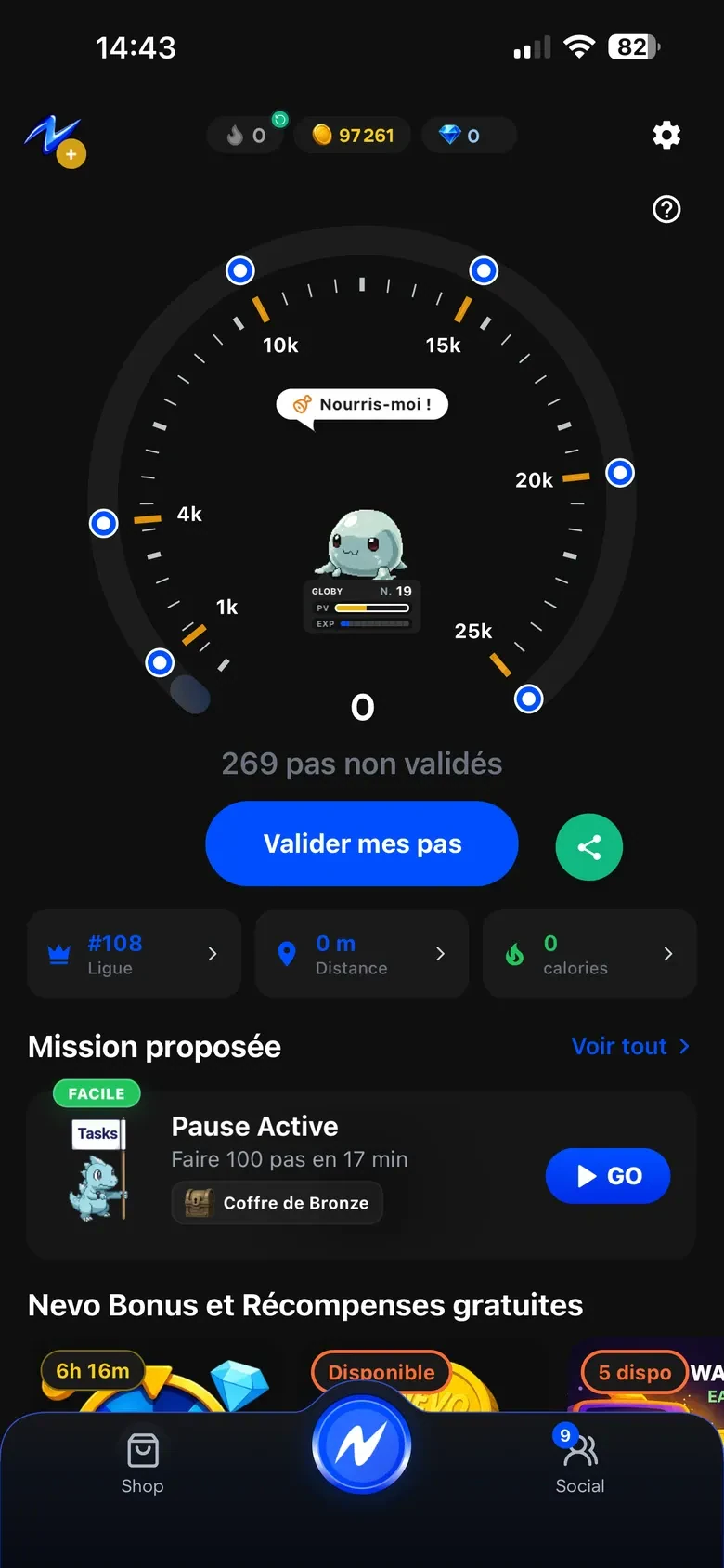 Accueil NevoMove : compteur de pas, missions et progression du Nevomon