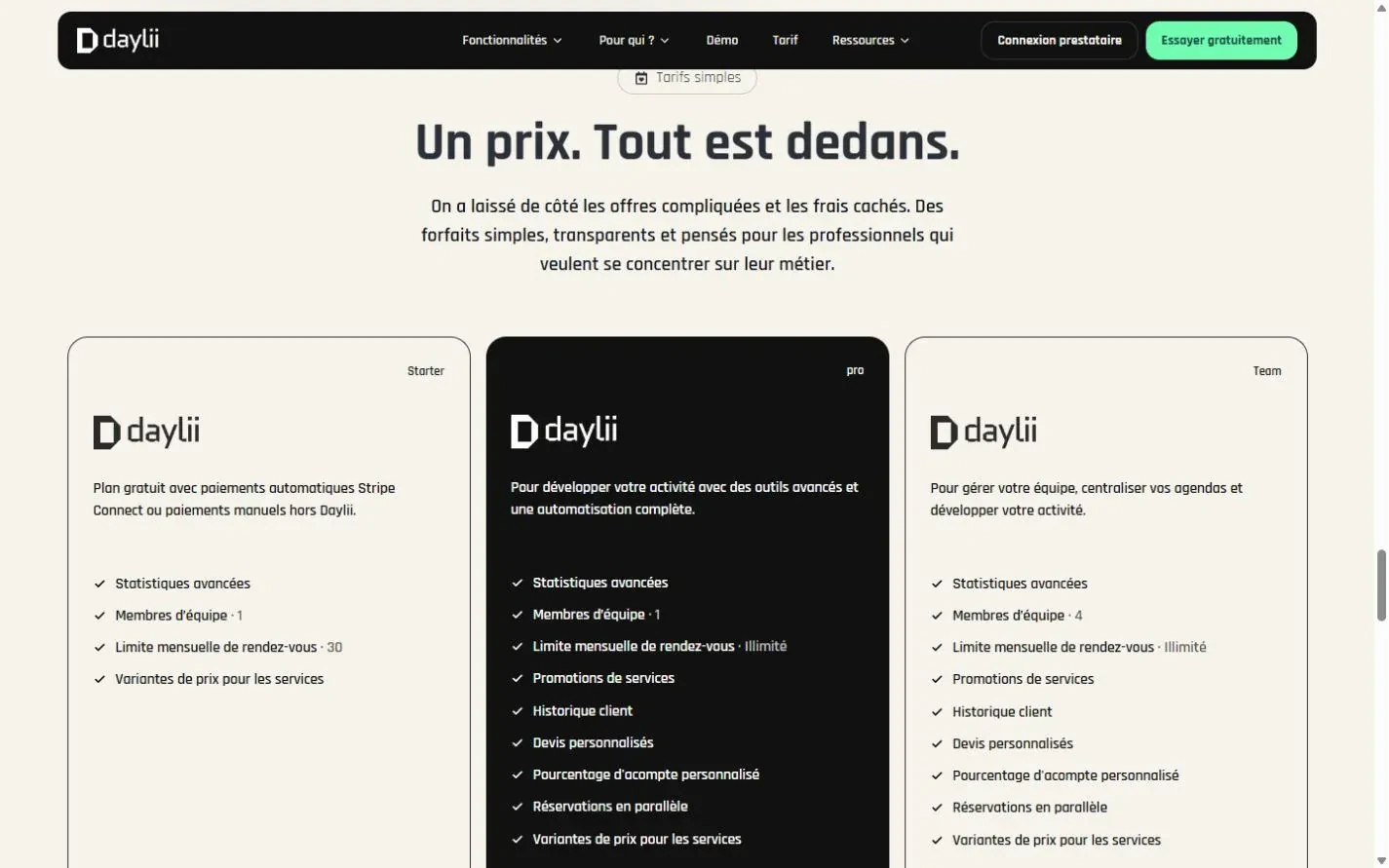 Tarifs Daylii : formules Starter, Pro et Team