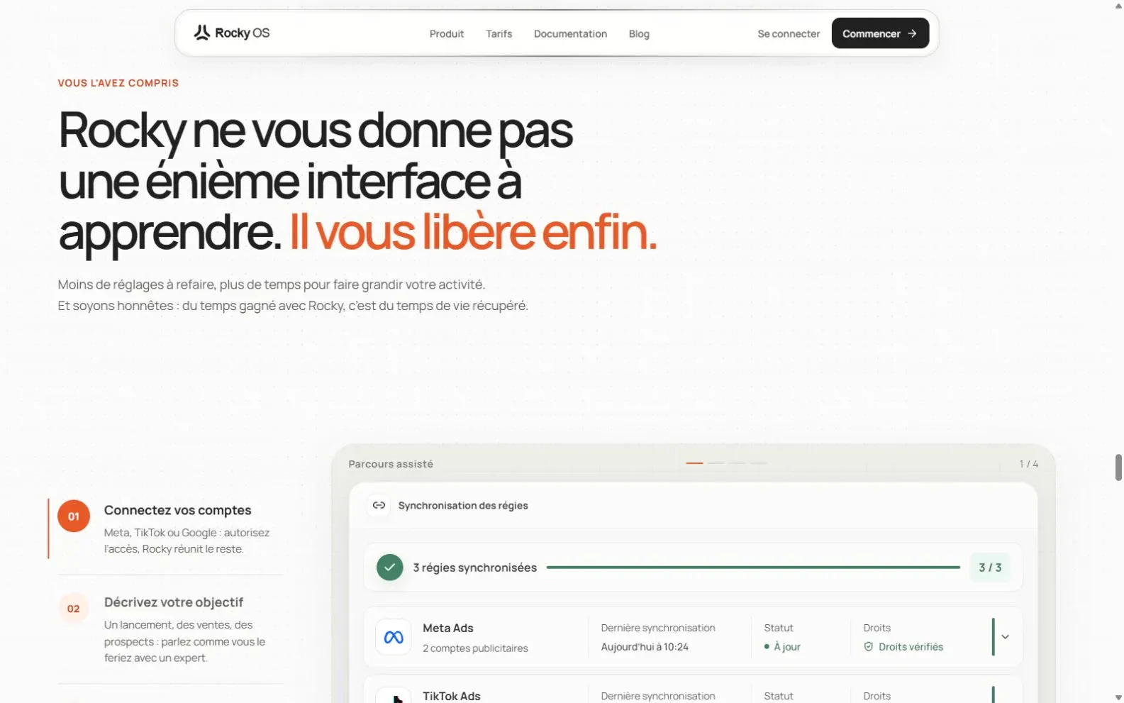 Un parcours qui explique comment Rocky simplifie le pilotage publicitaire