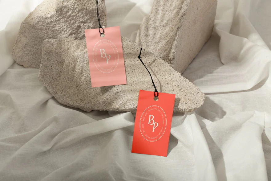 Brut | Poli — Étiquettes de bijoux rose et corail sur pierre