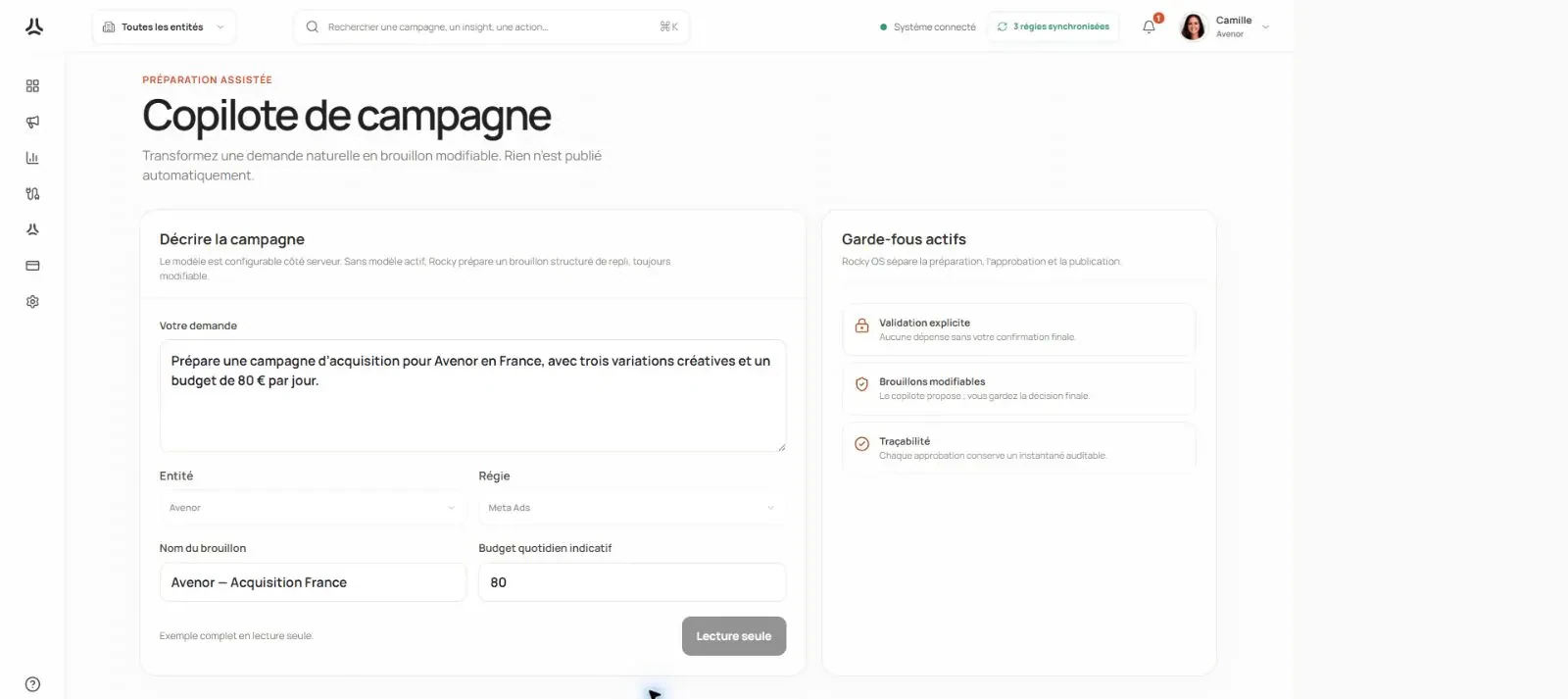 Copilote publicitaire pour préparer et optimiser une campagne