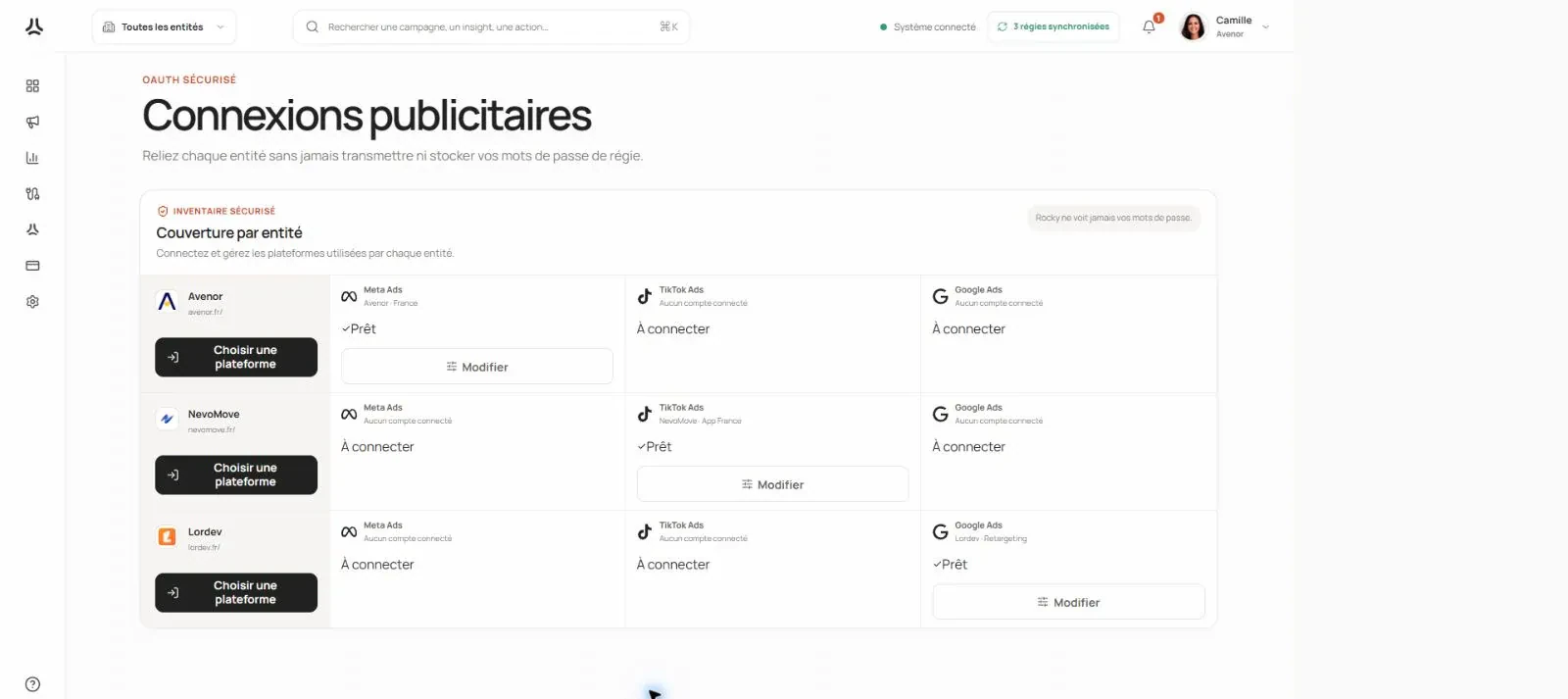 Connexions aux comptes Meta Ads, TikTok Ads et Google Ads
