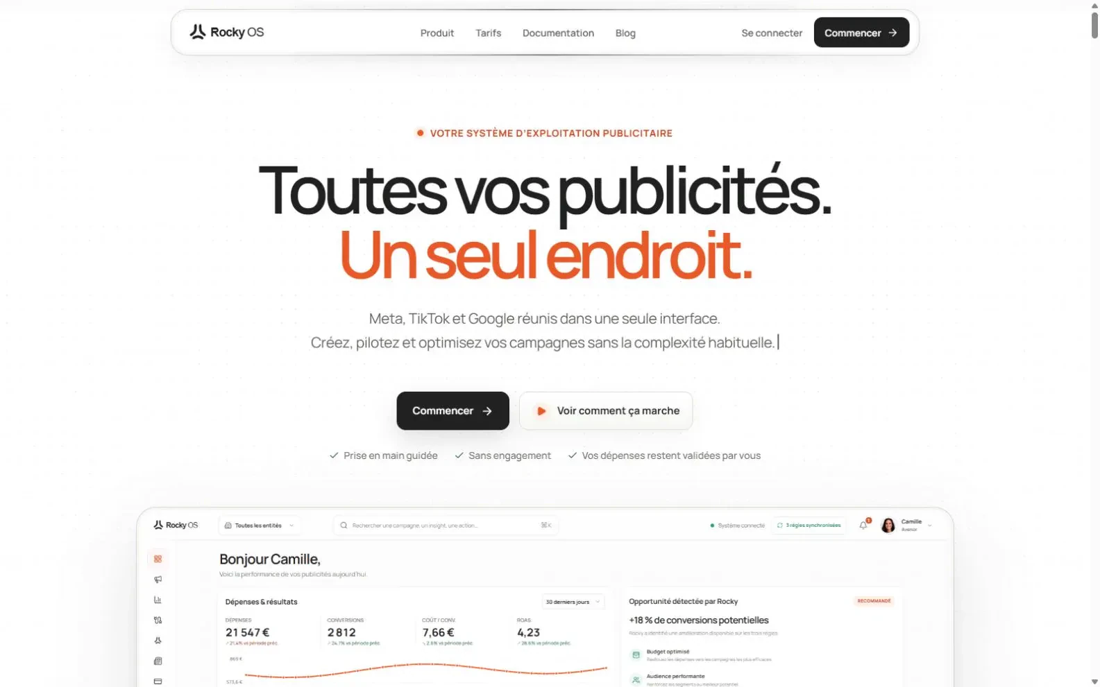 Accueil Rocky OS : Meta Ads, TikTok Ads et Google Ads réunis dans un seul cockpit