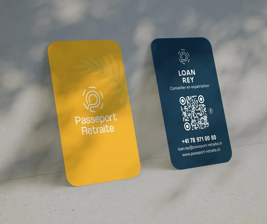 Passeport Retraite — Cartes de visite jaune et bleu marine