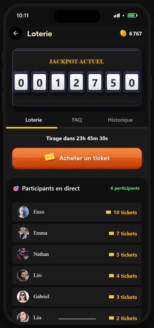 Loterie quotidienne avec jackpot, tickets et participants