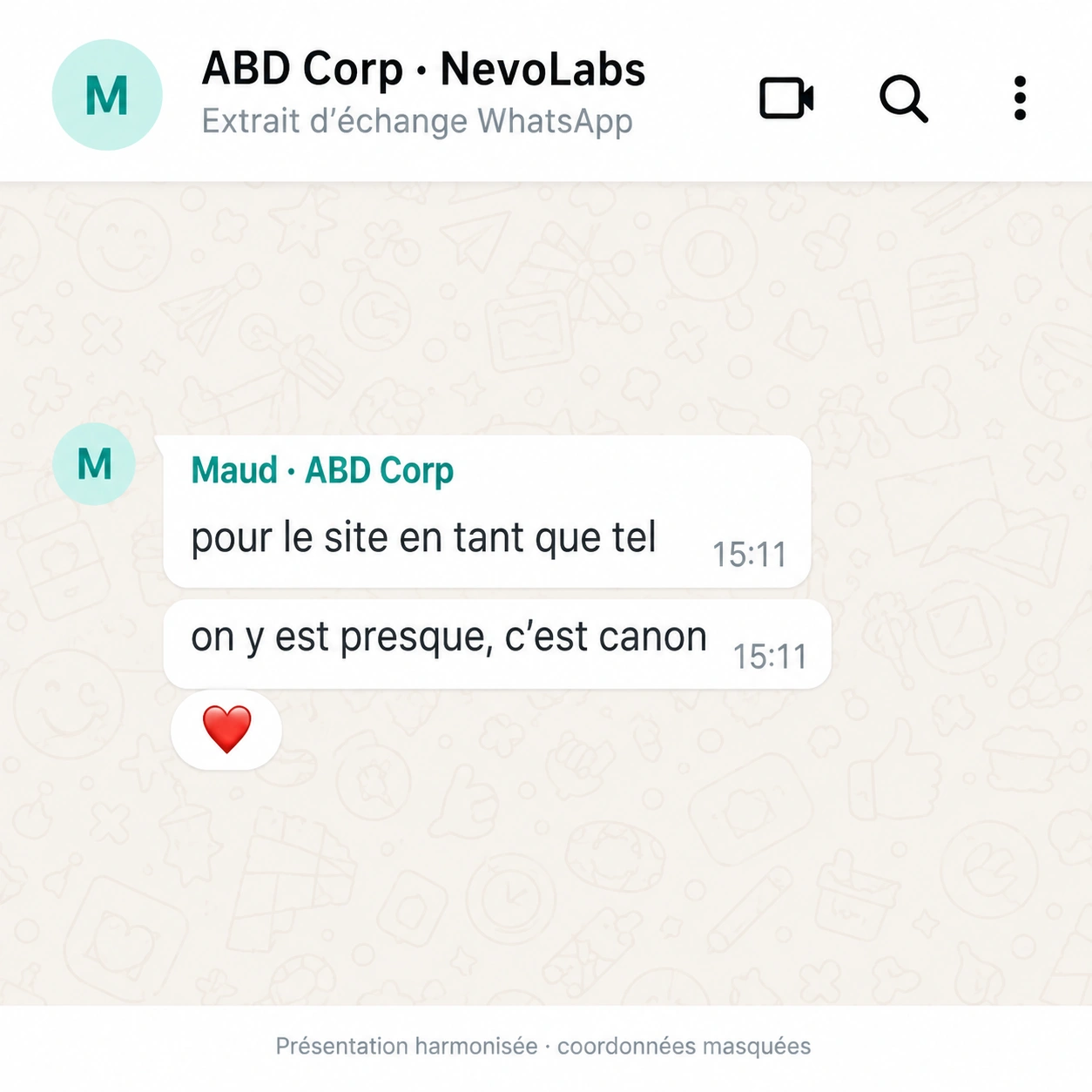 Extrait WhatsApp de Maud · ABD Corp, coordonnées masquées