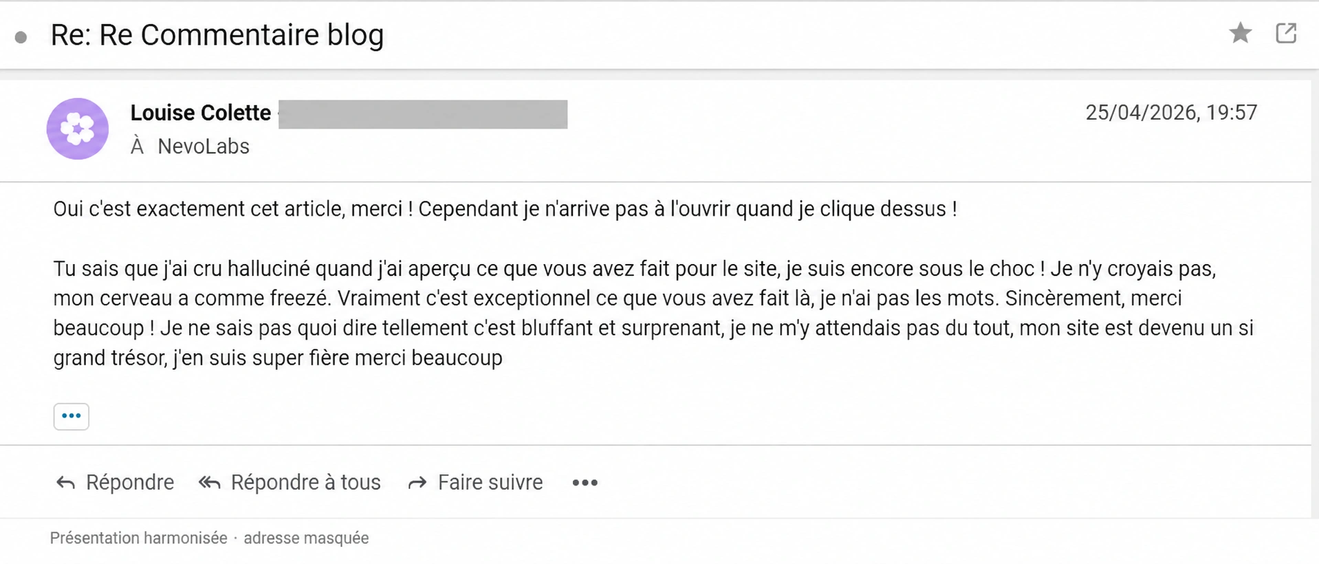 Extrait Email de Louise Colette, coordonnées masquées